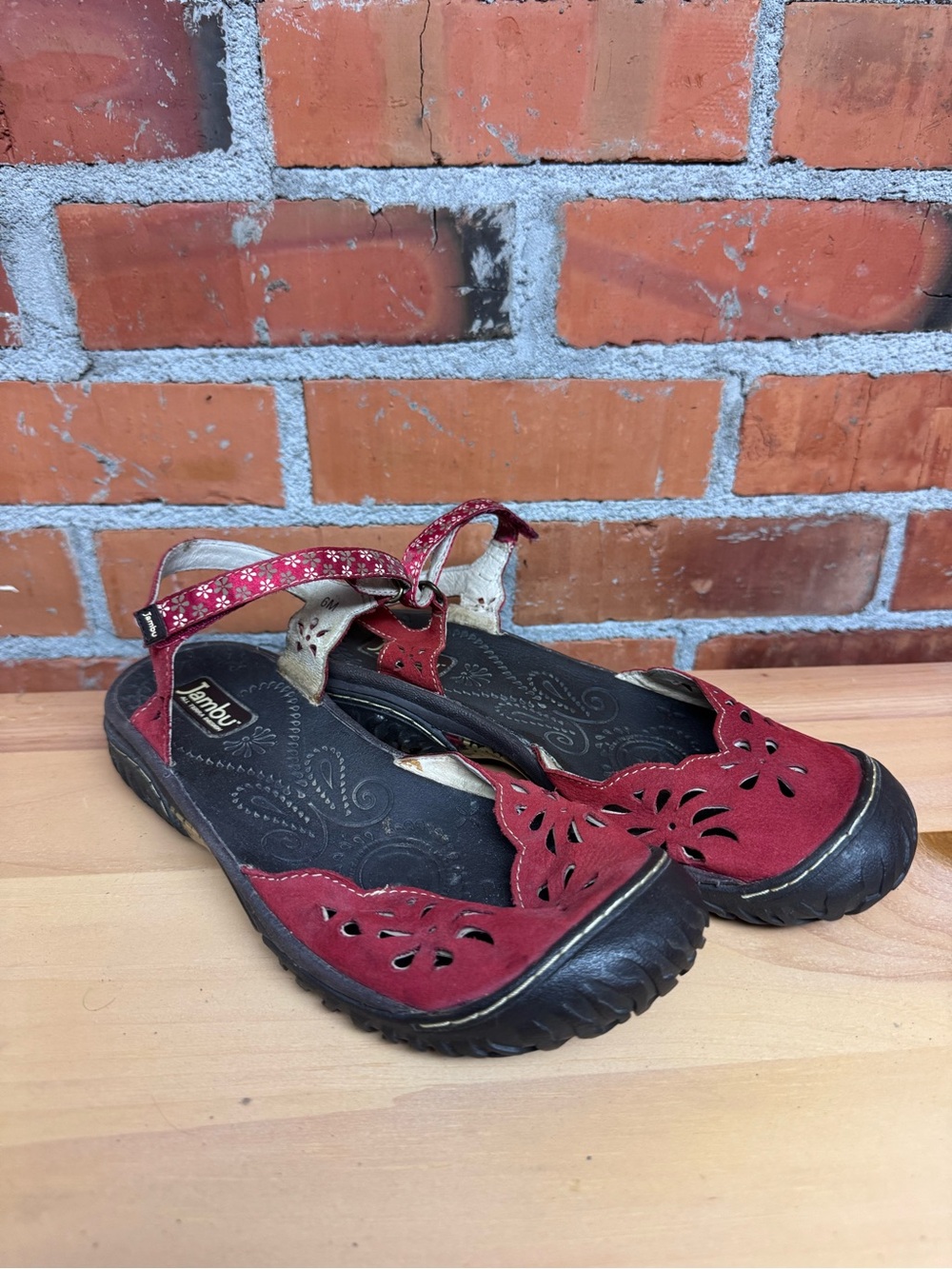 Jambu Red Suede Cutout Casual Flats with Adjustable Strap
